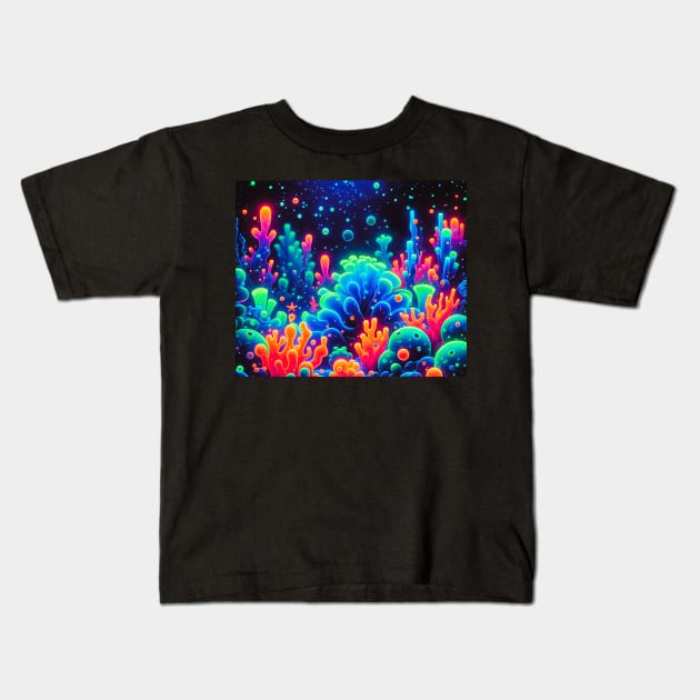 uv reactive Neon Coral Reef Underwater Scene Kids T-Shirt by TaansCreation 